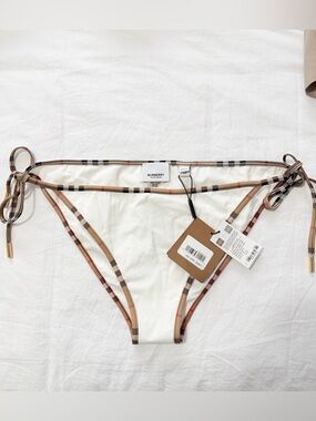 Burberry White String Bikini Bottom with Vintage Check Trim
